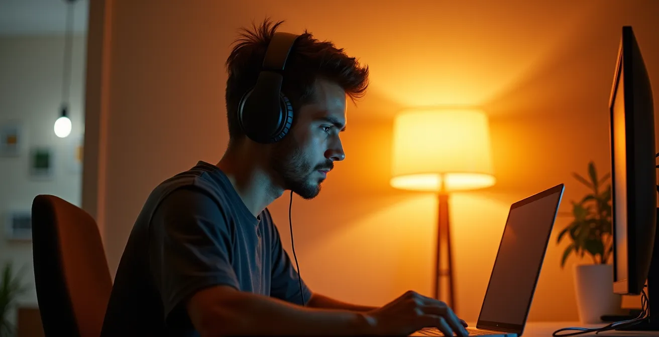 Personne concentrée avec casque audio dans un environnement tamisé, ambiance sensorielle contrôlée, tons doux et focus sur la lumière ambiante