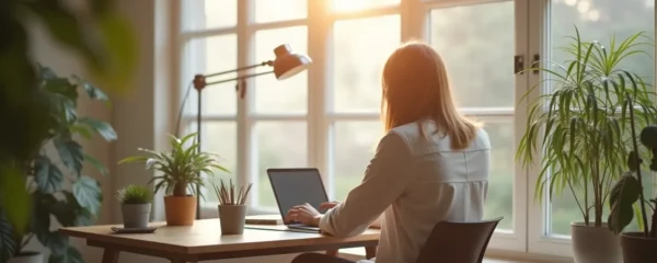Travailleur concentré dans un espace de télétravail ergonomique, assis confortablement à un bureau minimaliste avec lumière douce et ambiance calme, sans texte ni logos