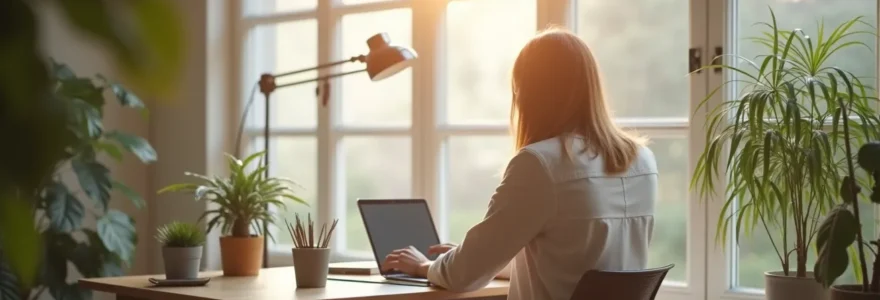 Travailleur concentré dans un espace de télétravail ergonomique, assis confortablement à un bureau minimaliste avec lumière douce et ambiance calme, sans texte ni logos
