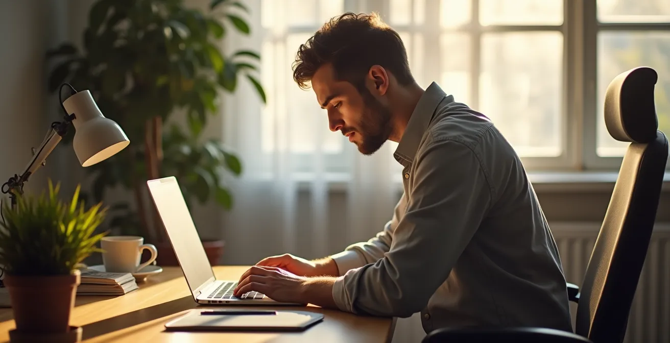 Employé observant sa posture devant un bureau à domicile minimaliste, lumière douce matinale, ambiance calme et lumineuse