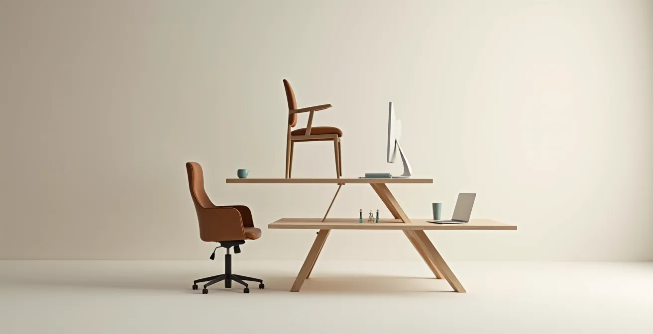 Vue symbolique d’une pyramide composée d’objets ergonomiques (fauteuil, bureau assis-debout, écran) sur fond neutre minimaliste
