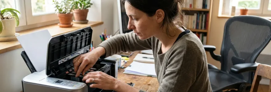 Personne vérifiant le compartiment cartouches de son imprimante Canon Pixma dans un bureau à domicile