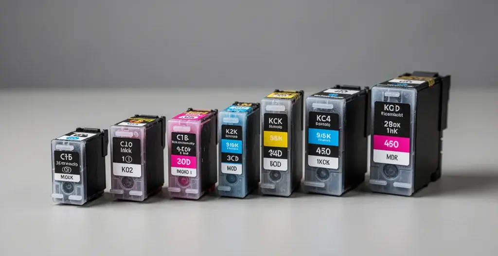 Différentes tailles de cartouches d'encre alignées montrant la différence standard versus XL