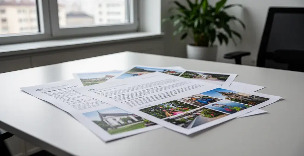 Documents imprimés avec texte net et photos couleur de qualité sur un bureau moderne