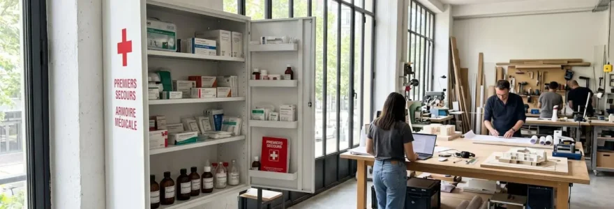 Une armoire de premiers secours murale ouverte dans un atelier contemporain, laissant apparaître des trousses et flacons rangés sur des étagères blanches