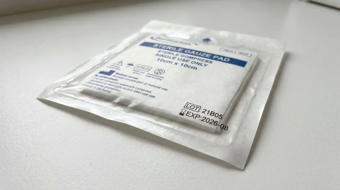 Gros plan sur une compresse stérile en emballage individuel posée sur une surface blanche moderne, avec zone de date de péremption visible mais floutée