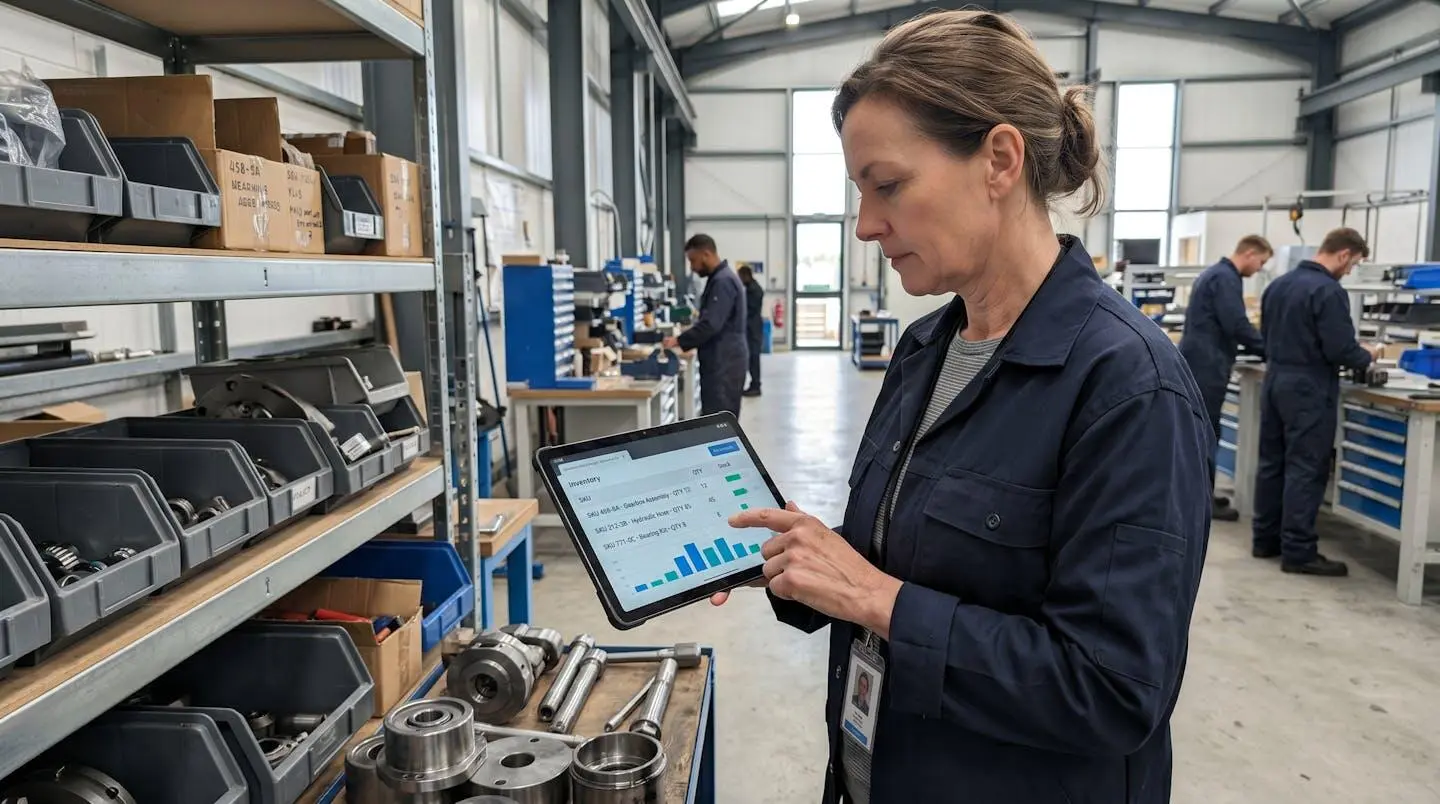 Une personne en tenue professionnelle vue de profil consulte une tablette numérique pour vérifier un inventaire, dans un atelier lumineux et moderne
